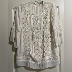 LOFT White Embroidered Pheasant Blouse Boho Semi Sheer Top 3/4 Flutter Sleeves S